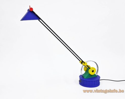 LINKE.PLEWA.DESIGN Brillantleuchten Circo desk lamp 1986 design: Heico Linke, Jens Plewa round blue base chrome ring thin rods triangular lampshade