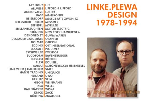 LINKE.PLEWA.DESIGN 1978 to 1994 Heico Link & Jens Plewa photo of the designers with a list of all the companies they designed for in Germany