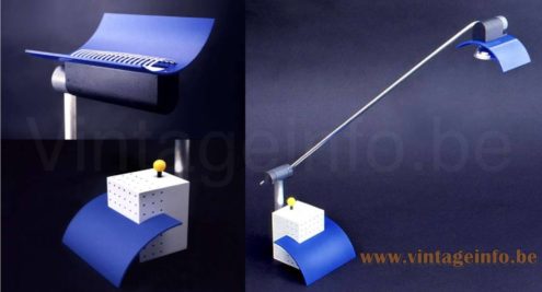 LINKE.PLEWA.DESIGN 1991 Lustry desk lamp blue plastic and metal post modern halogen table light Czech Republic catalogue picture