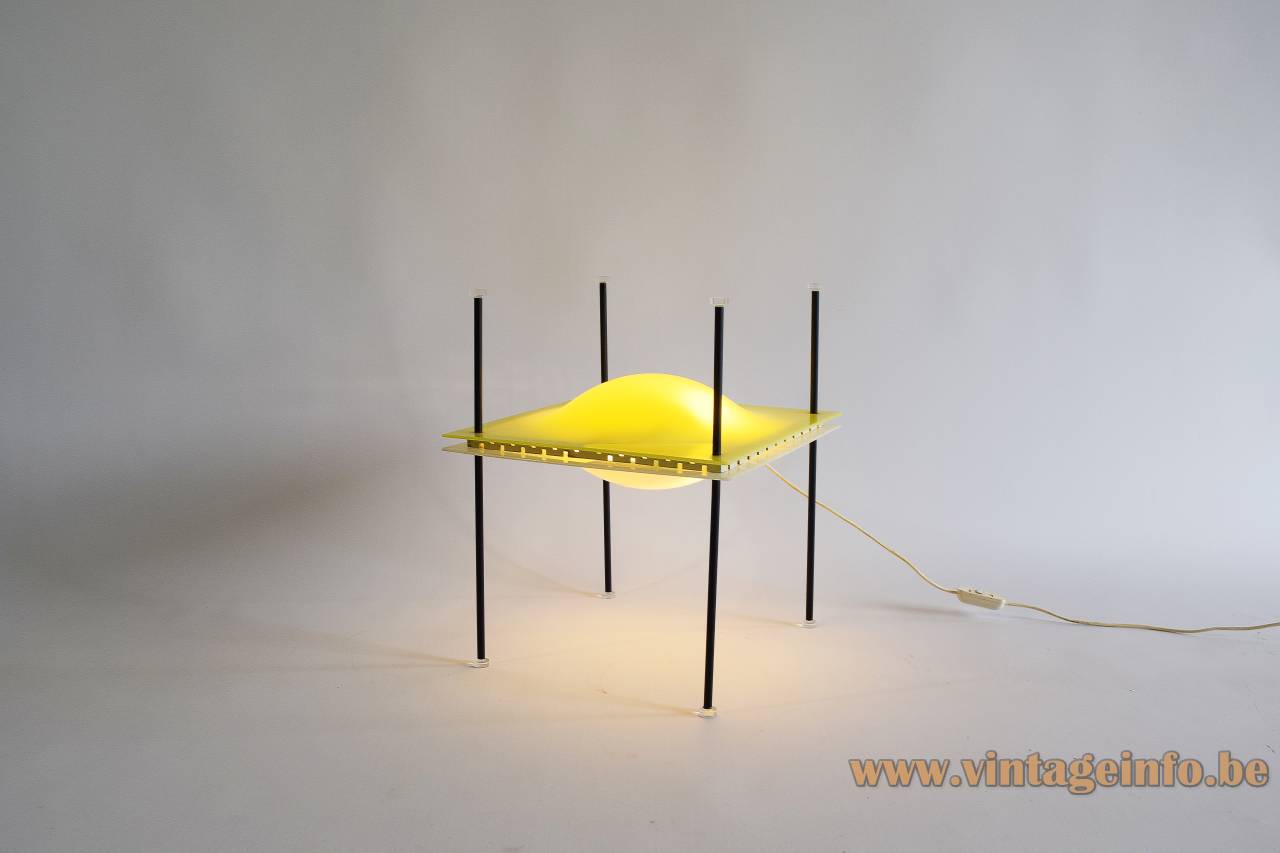 Arredoluce Palafitta Table Lamp - Circa 1956 Design: Ettore Sottsass, Model: 12639 Arredoluce Palafitta table lamp 1950s design: Ettore Sottsass model: 12639 4 thin metal legs white & yellow acrylic lampshade in 2 parts