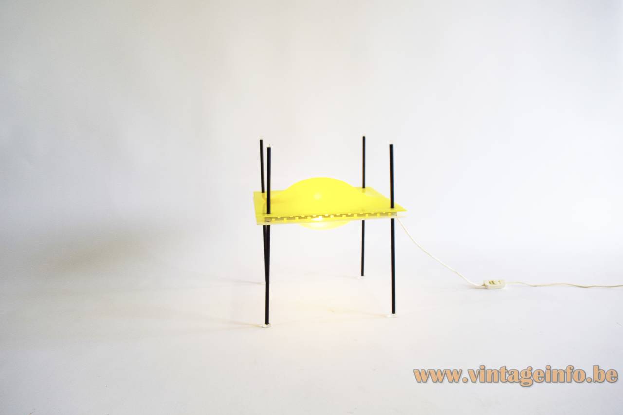 Arredoluce Palafitta Table Lamp - Circa 1956 Design: Ettore Sottsass, Model: 12639 Arredoluce Palafitta table lamp 1950s design: Ettore Sottsass model: 12639 4 thin metal legs white & yellow acrylic lampshade in 2 parts