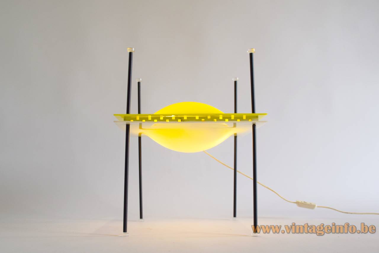 Arredoluce Palafitta Table Lamp - Circa 1956 Design: Ettore Sottsass, Model: 12639 Arredoluce Palafitta table lamp 1950s design: Ettore Sottsass model: 12639 4 thin metal legs white & yellow acrylic lampshade in 2 parts