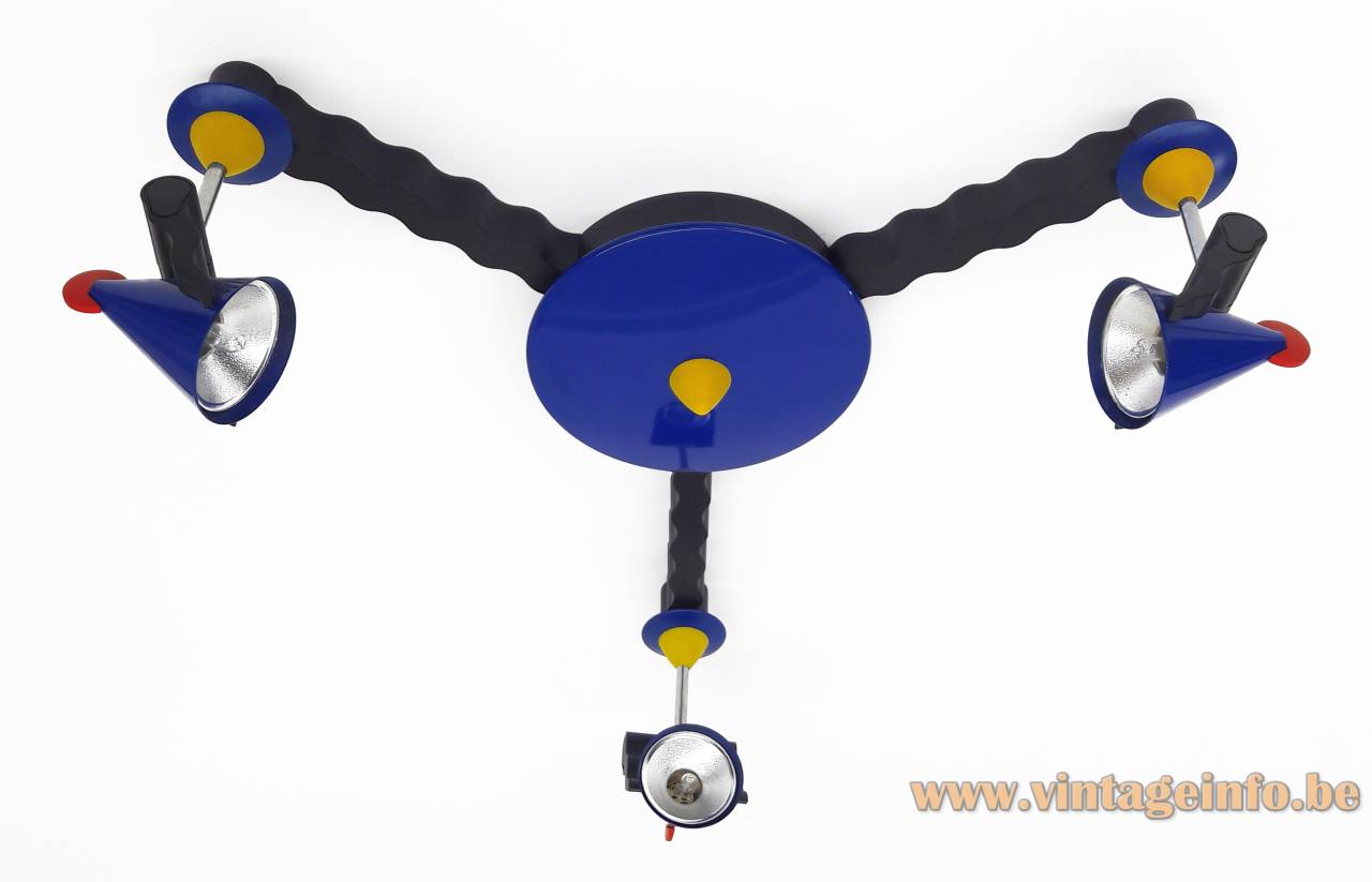 Linke.Plewa.Design Futura ceiling lamp 1990 design: Heico Linke & Jens Plewa blue 3 arm halogen light post modern Brillantleuchten Brilliant AG