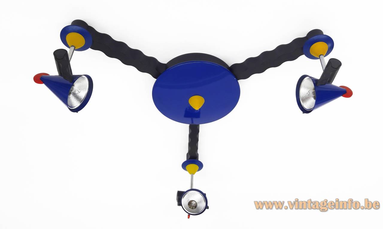 Linke.Plewa.Design Futura ceiling lamp 1990 design: Heico Linke & Jens Plewa blue 3 arm halogen light post modern Brillantleuchten Brilliant AG