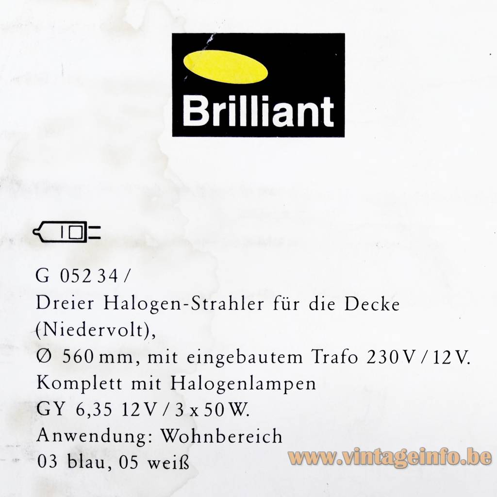 Linke.Plewa.Design Futura ceiling lamp 1990 design: Heico Linke & Jens Plewa label box: German text dimensions voltage light bulbs Brillantleuchten Brilliant AG