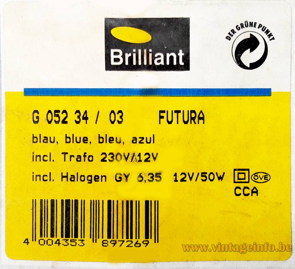 Linke.Plewa.Design Futura ceiling lamp 1990 design: Heico Linke & Jens Plewa label box: blue light + trafo 12 volt halogen GY 6.35 Brillantleuchten Brilliant AG