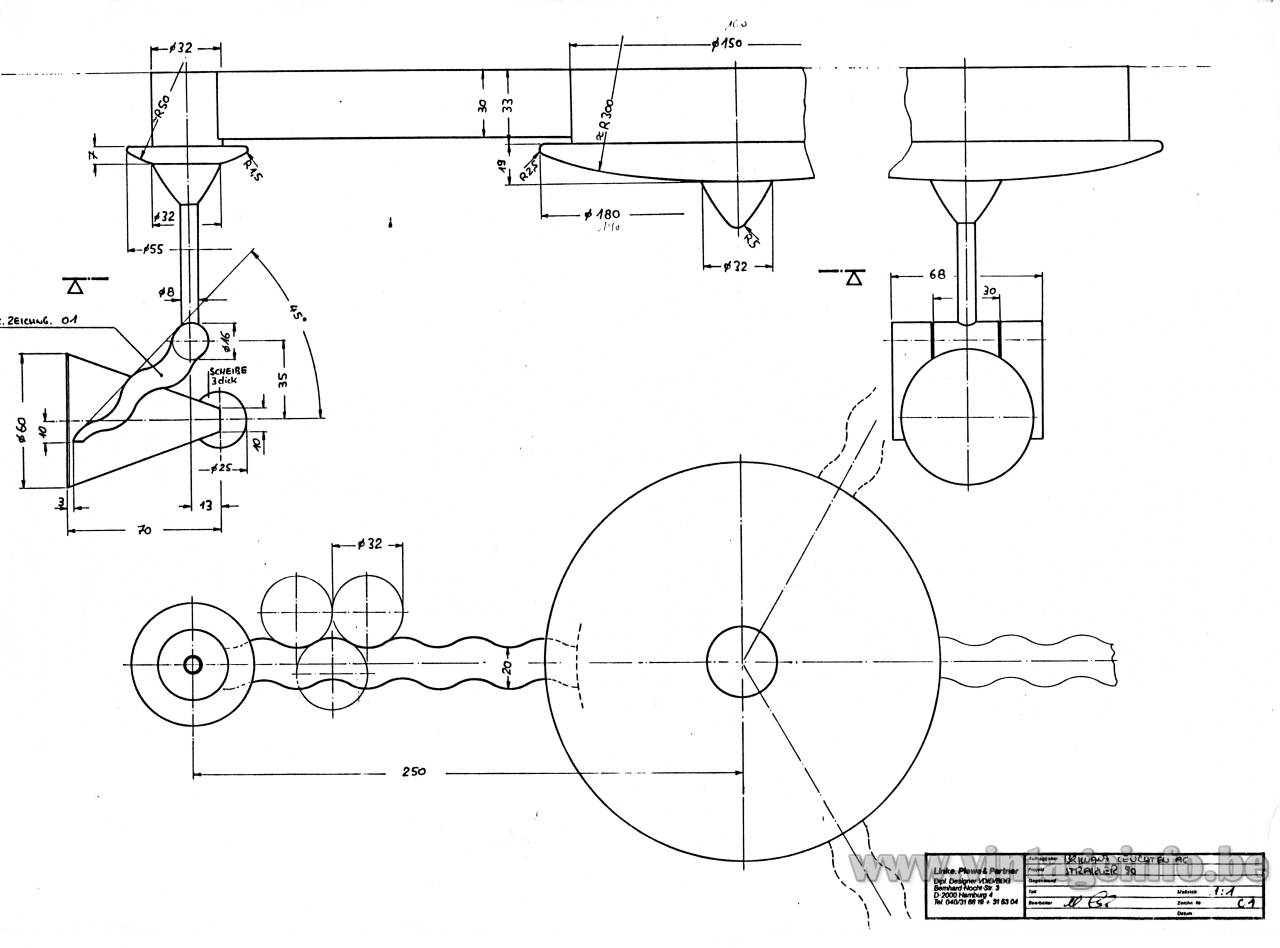 Linke.Plewa.Design Futura ceiling lamp 1990 design: Heico Linke & Jens Plewa scetch drawing post modern Brillantleuchten Brilliant AG