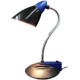 LINKE.PLEWA.DESIGN Kaskad desk lamp 1990 design: Heico Linke & Jens Plewa round black plastic base curved rod conical lampshade Brillantleuchten Brilliant AG