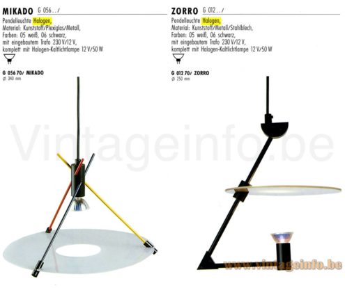 LINKE.PLEWA.DESIGN Mikado & Zorro pendant lamp design: Heico Linke & Jens Plewa Brillantleuchten catalogue picture 1990s Conical lampshade disc reflector halogen